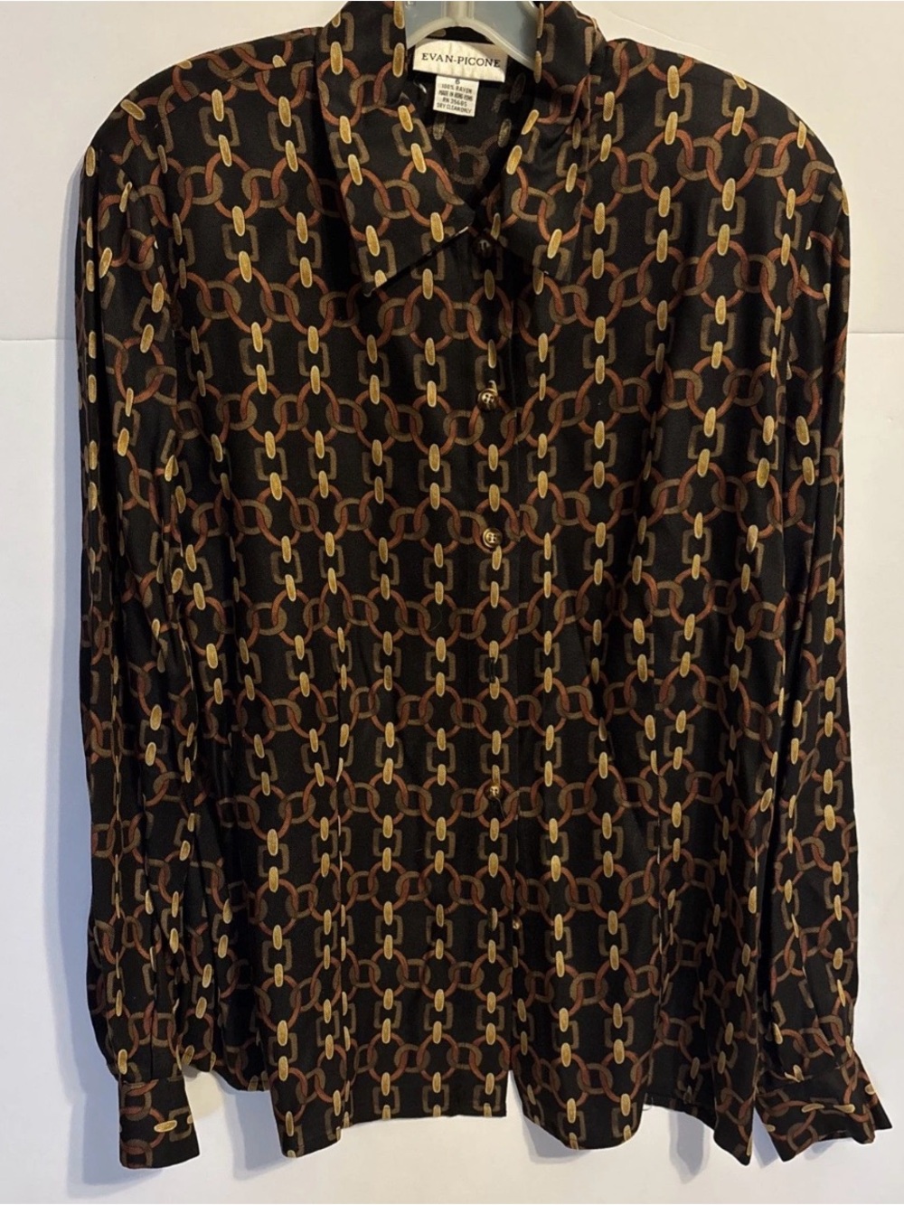 Vintage‎ Evan Picone Women's Long Sleeve Button Up Rayon Blouse Sz 6 Black Brown